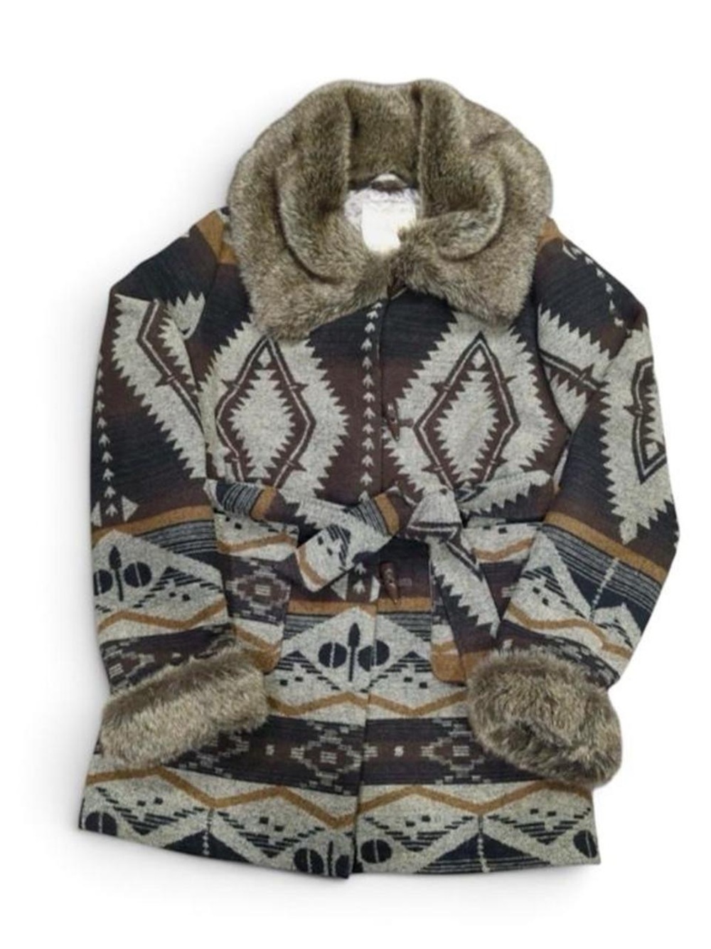 Roz & Ali NWT Southwestern Aztec Winter Coat Western Tribal Jacket Faux Fur L